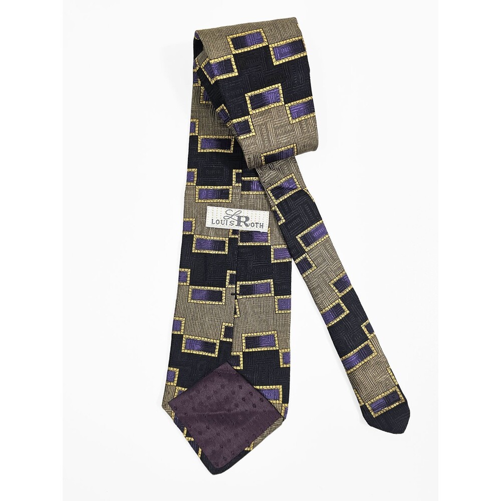 Louis Roth Men's SIlk Vintage Silk Tie Purple Olive Geometric 55 Inches Italy